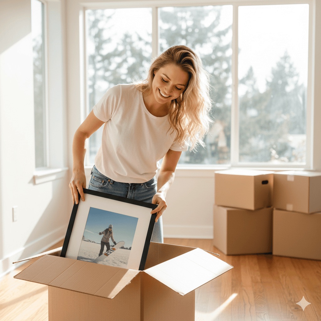 Young woman smiling while unpacking in a bright new apartment